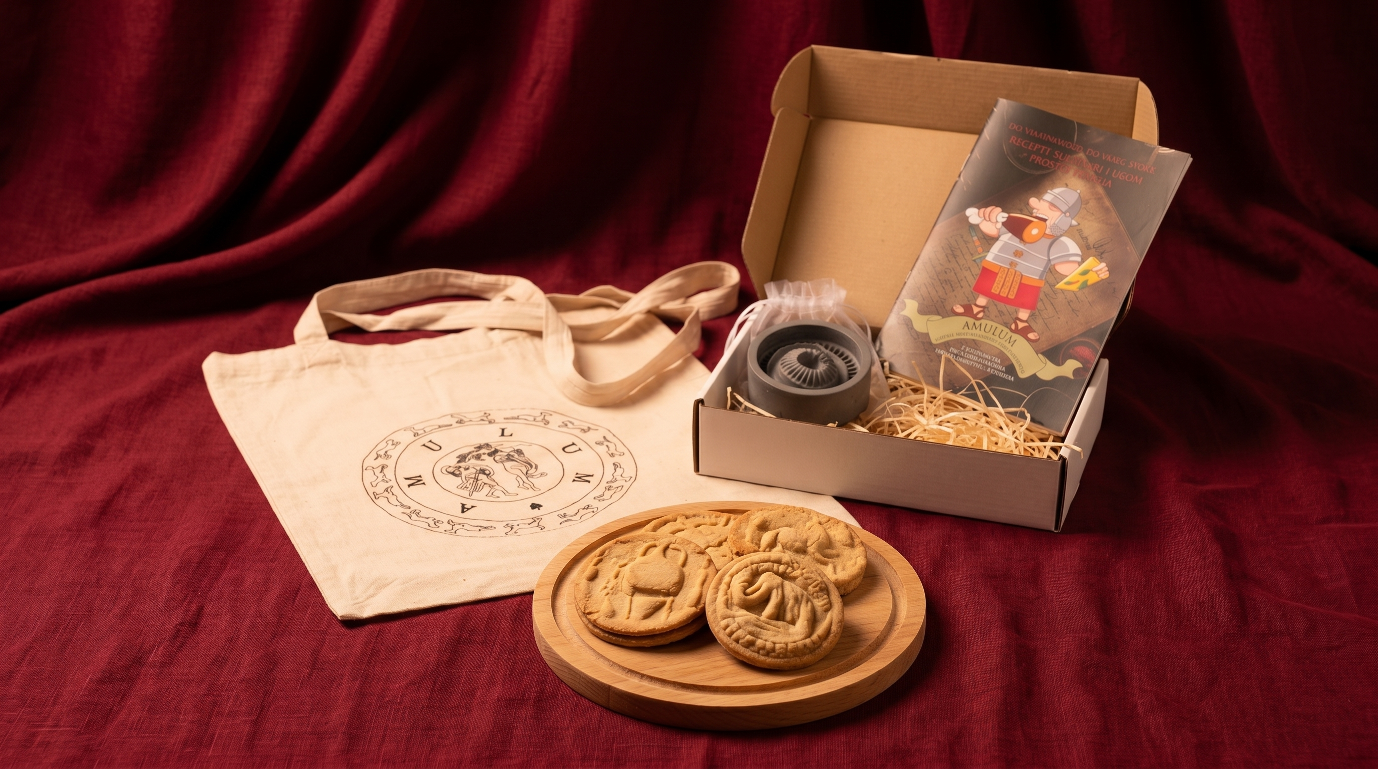 Amulum kutija i torbica na crvenoj tkanini