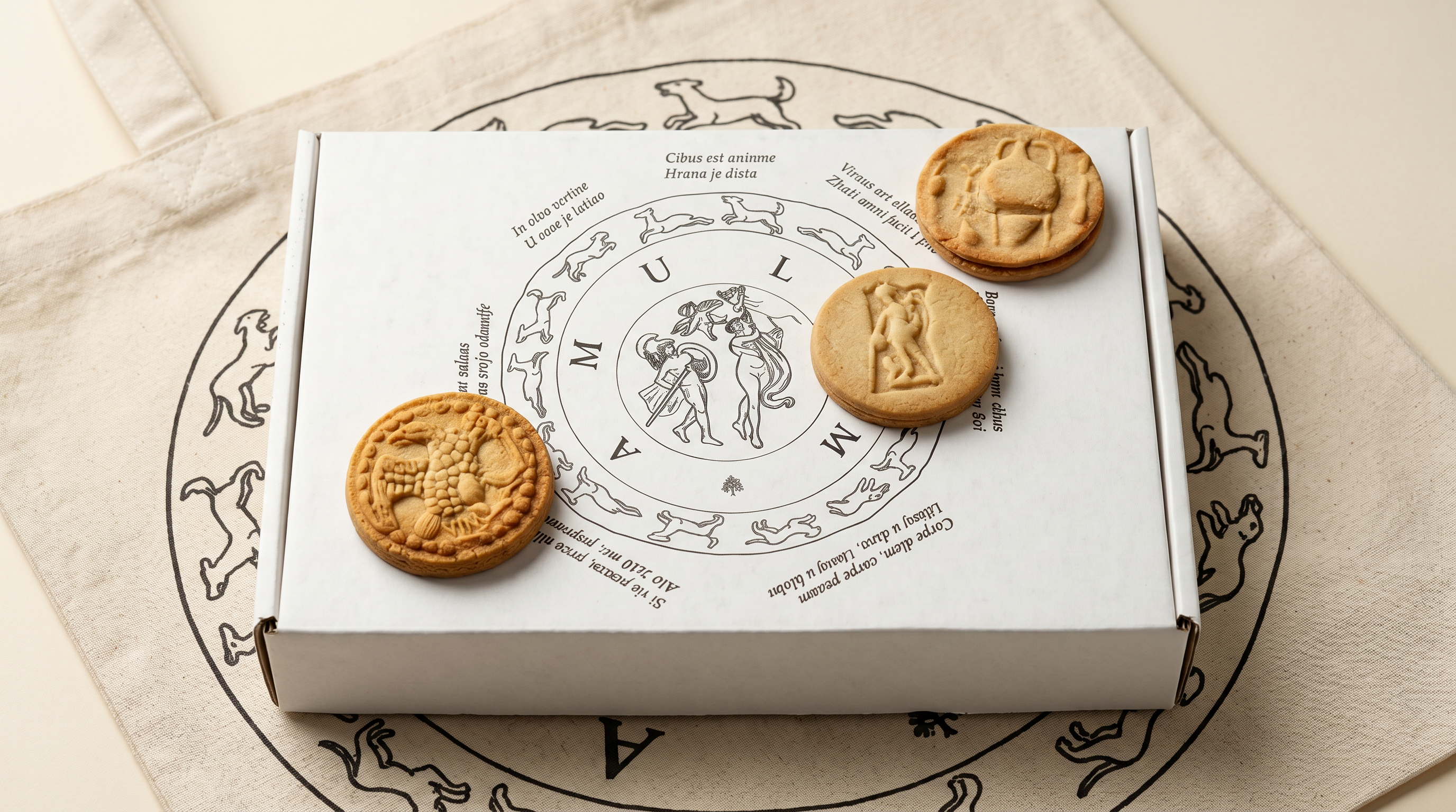 Amulum bela kutija sa logom odozgo, kolačići na vrhu