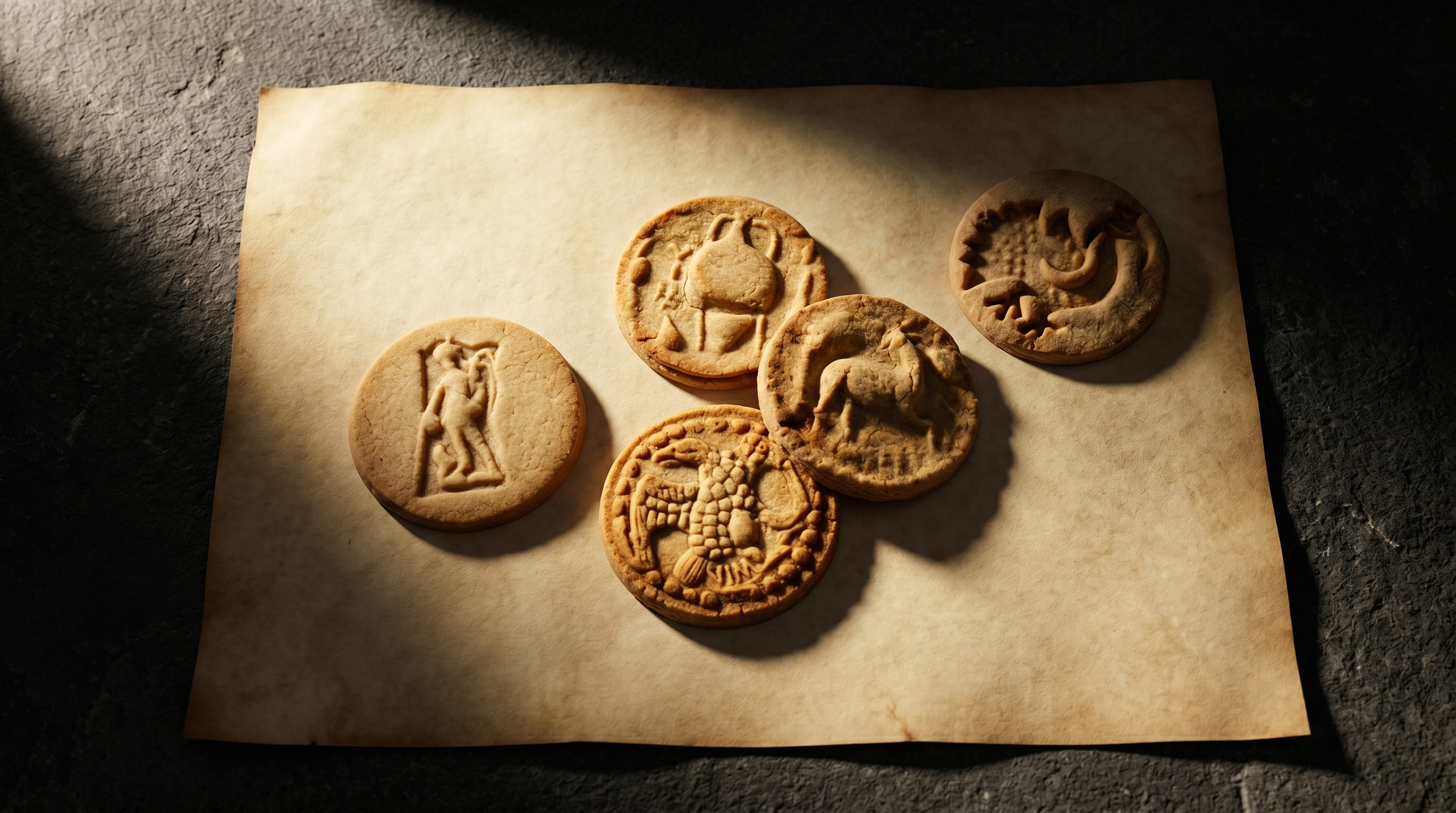 Pet Amulum kolačića sa različitim rimskim motivima na pergamentu