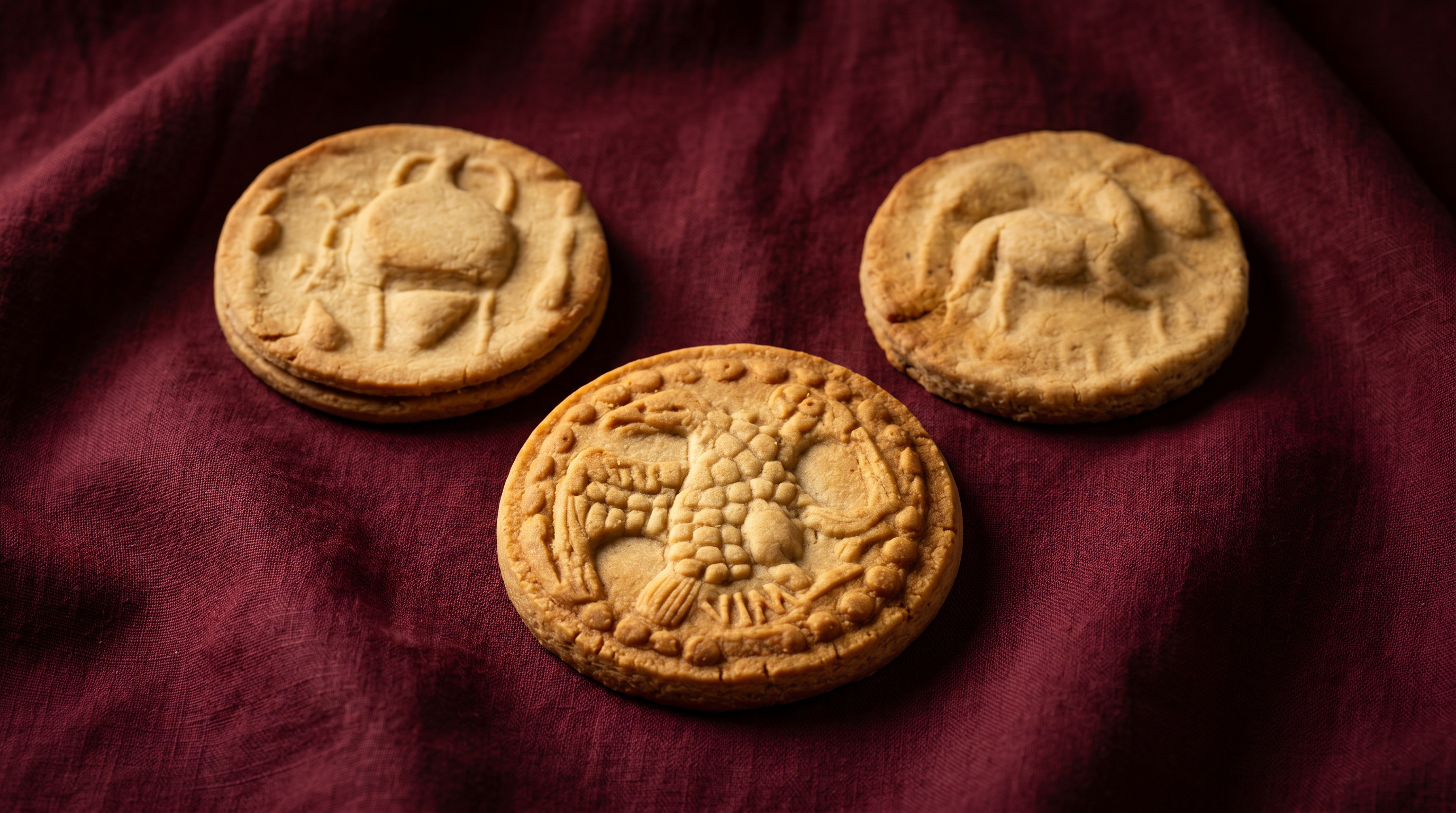 Tri Amulum kolačića na crvenoj tkanini