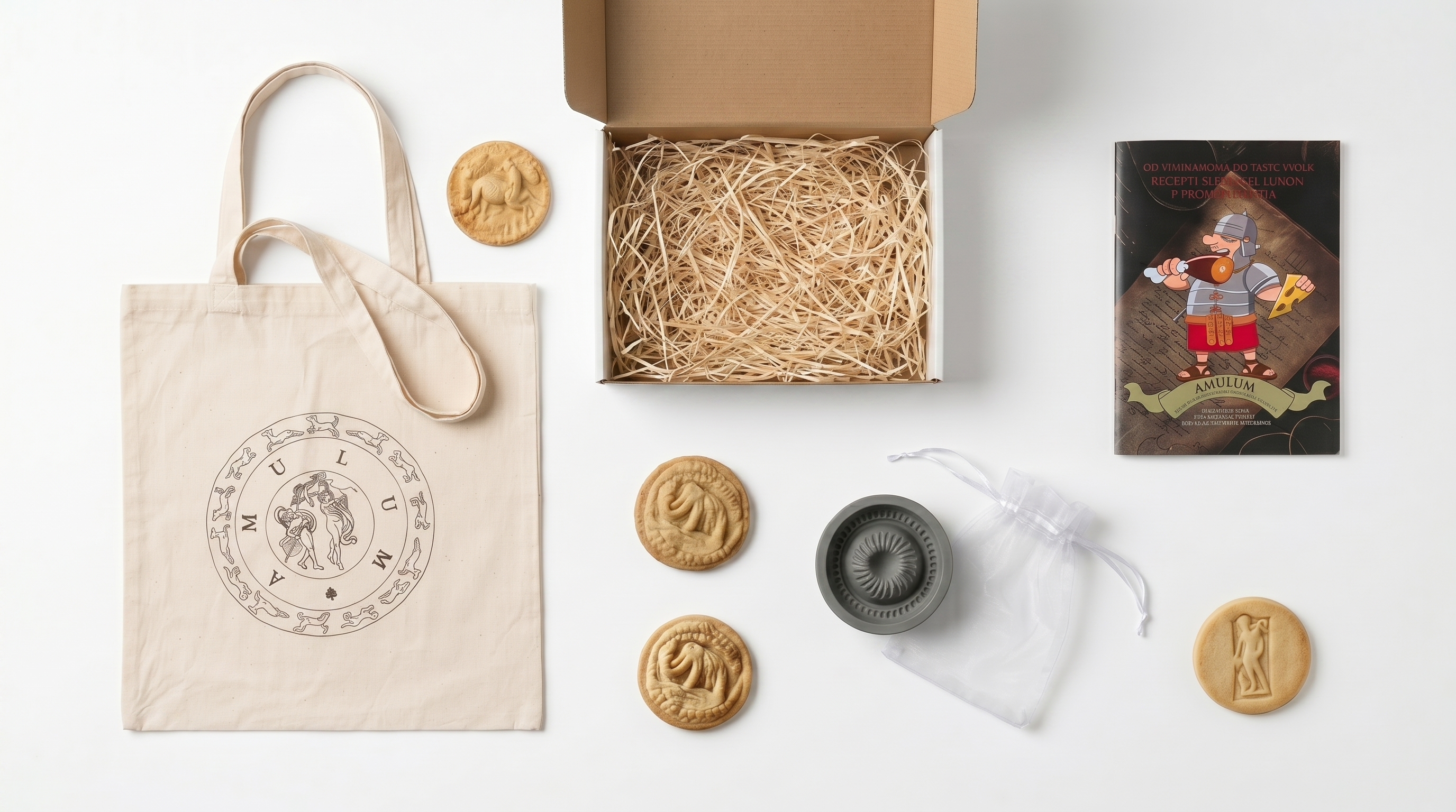 Amulum poklon set — flat lay sa kutijom, torbom, kalupom i knjižicom